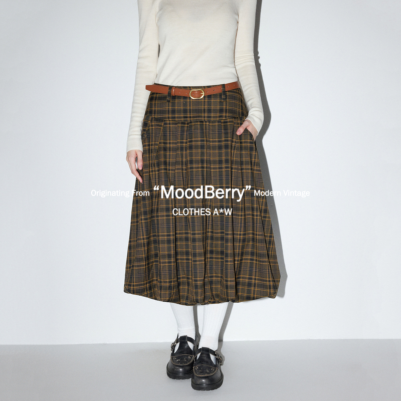 Moodberry American Retro Brown Plaid Skirt for Women in Autumn and Winter High-Waisted Mid-Length A-Line Flower Bud Skirt Moodberry American Retro Brown Plaid Skirt for Women in Autumn and Winter High-Waisted Mid-Length A-Line Flower Bud Skirt