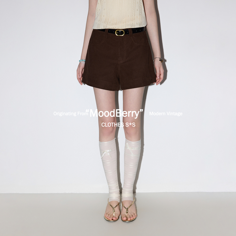 Moodberry American Retro Design Wide-Leg Corduroy Shorts for Women, Summer High-Waisted Slimming Versatile Pants