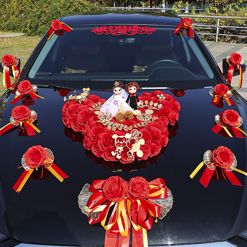 The main wedding car decoration front flower knot wedding welcome team layout full set of new creative suction cup simulation float