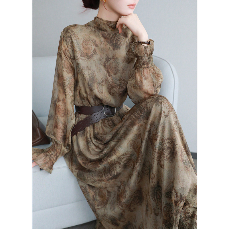 Susus Printed Half-High Collar Long Dress for Women, 2026 Autumn, High-End, Elegant, Vintage and Flowing Dress Susus Printed Half-High Collar Long Dress for Women, 2026 Autumn, High-End, Elegant, Vintage and Flowing Dress
