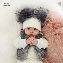 Baby hat ins silver fox hair ball autumn and winter cute children male and female baby 3-12 months knitted wool hat