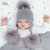 Baby hat ins raccoon hair ball autumn and winter cute baby boy and girl ear guard braid wool sleeve cap