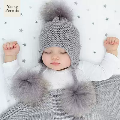 Baby hat ins raccoon hair ball Autumn and winter cute cute infants, boys and girls ear protection braids wool pullover hat