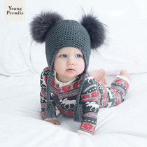 Male baby hat ins real hair ball autumn and winter baby baby girl cute super cute ear guard braid wool hat