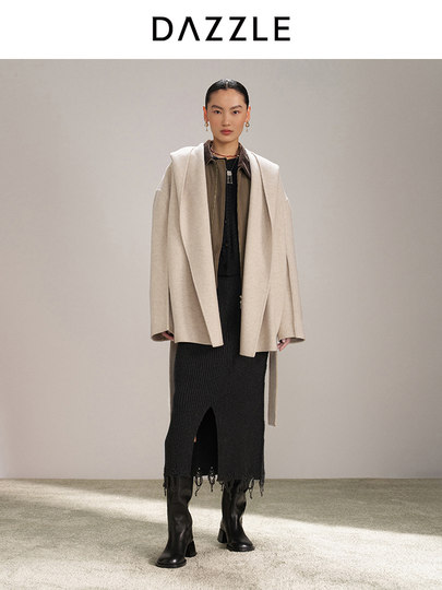 Dazzle 2025 Winter New All-Wool Hooded Mid-Length Lazy Woolen Coat