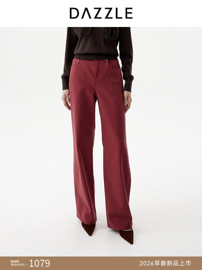 DAZZLE 2026 Весенние джинсы прямого кроя из смесового хлопка в новогоднем стиле, красные