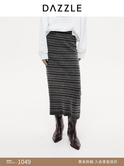 DAZZLE Falda Disu 2025 Otoño e Invierno Falda larga de punto gris medio para mujer