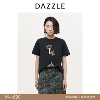 【热销补货】DAZZLE 地素T恤25秋季黑色植物重工绣花短袖T恤