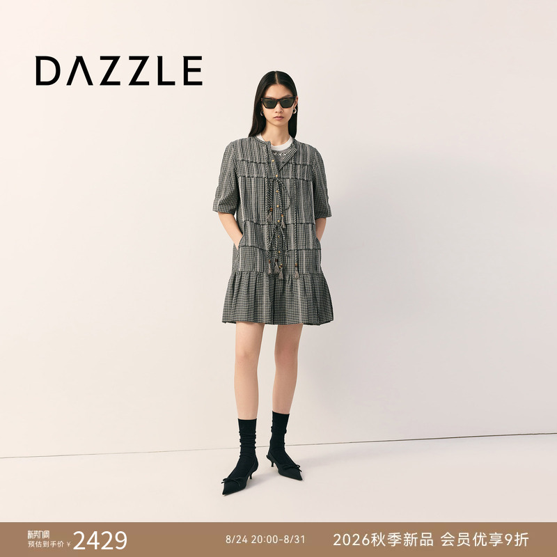 Dazzle 2026 Autumn Pure Cotton Princess Sleeve Small Plaid Heavy Craft Dress