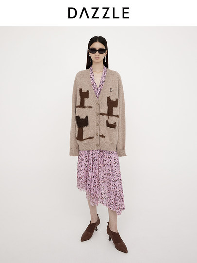 Dazzle 2025 Spring New Vintage Age-Reducing Intarsia Knit Cardigan Sweater Jacket for Women