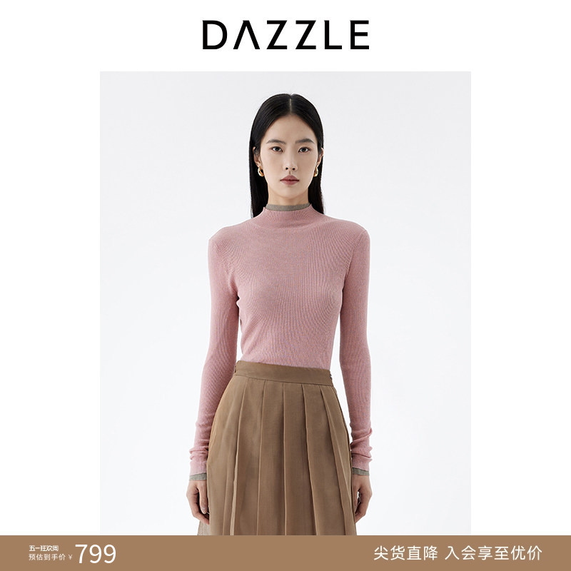 Dazzle Plain Wool Knit Sweater Spring Pink Turtleneck Base Sweater for Women