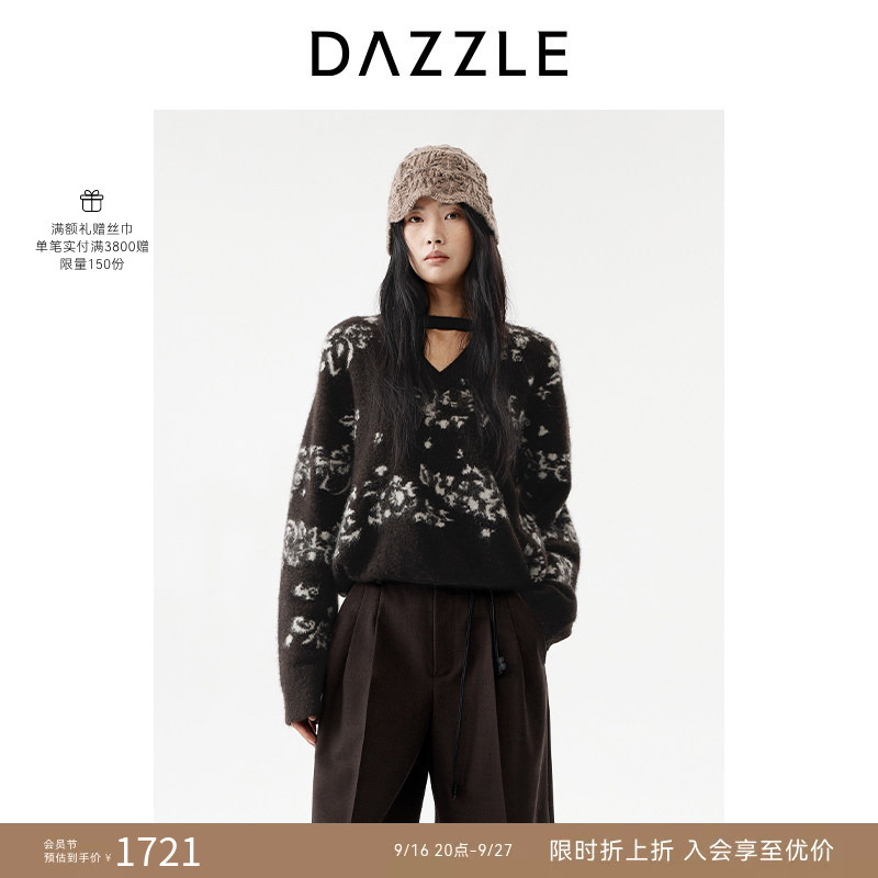 Dazzle 2026 Spring Alpaca Wool Blend Vintage Jacquard Knit Sweater