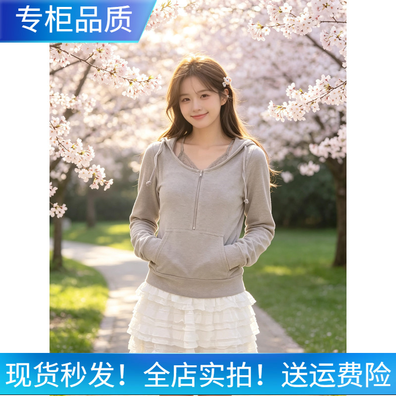 Wm.Mengment New Summer Style Lace Suspender Patchwork Zipper Hooded Fake Two-Piece Sweatshirt Long-Sleeved Top for Women