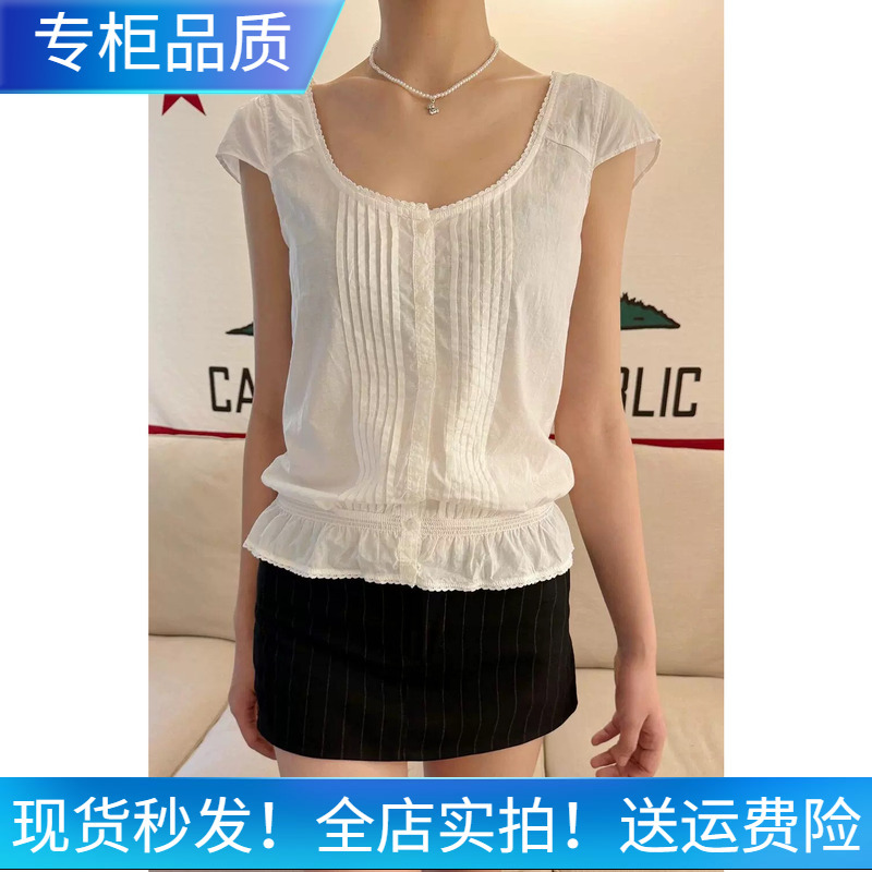 Brandymelody Bm White Shirt with Lace Collar, Single-Breasted, Sweet Style, Retro Lace Short-Sleeved Top for Women Brandymelody Bm White Shirt with Lace Collar, Single-Breasted, Sweet Style, Retro Lace Short-Sleeved Top for Women