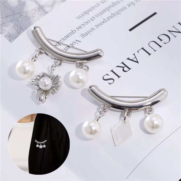Đơn giản cong ngọc trai trâm nữ mới mặt dây chuyền ngọc trai vỏ sò cổ áo chống ánh sáng áo len pin huy hiệu đảng cài áo