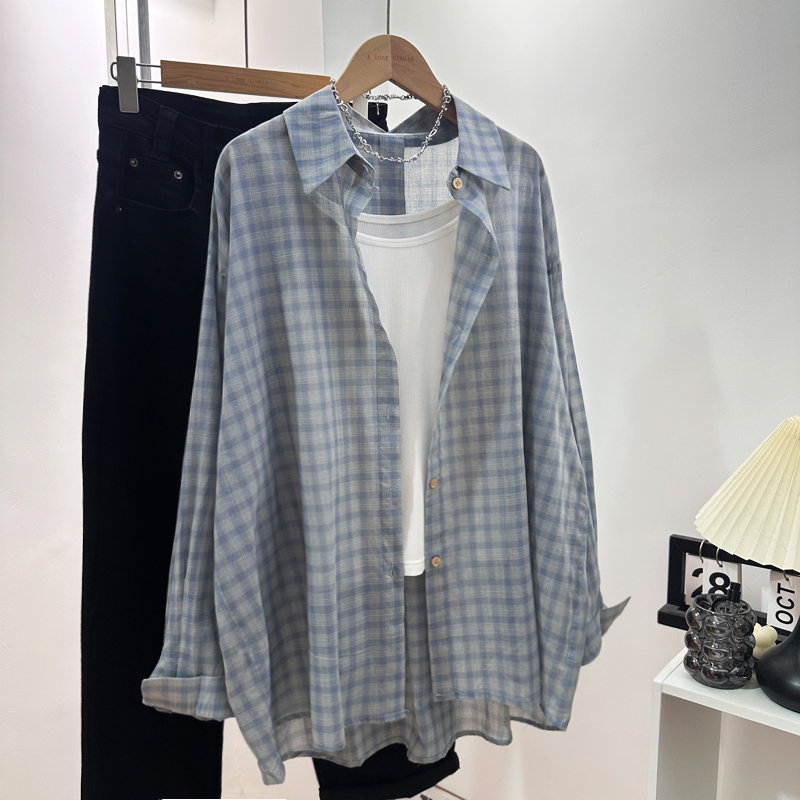 Blue Plaid Shirt Jacket for Women 2025 Summer New Loose Casual Style Shirt Thin Long-Sleeved Sun Protection Top