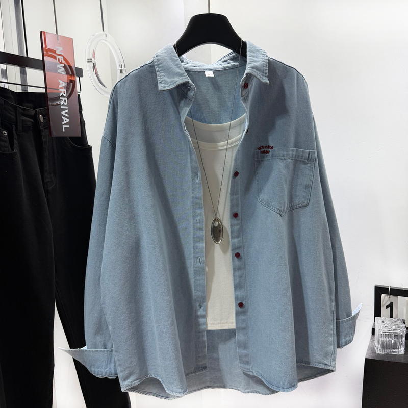 2026 Spring New Vintage Embroidered Denim Shirt for Women, Long Sleeve, Loose Fit, Versatile Casual Lazy Style Jacket Top