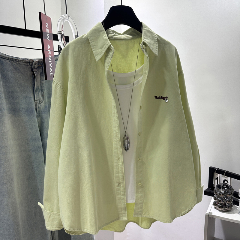 Designed Loose Embroidered Long-Sleeved Shirt for Women Spring & Fall New Style Lazy Style Light Green Workwear Thick Shirt Jacket