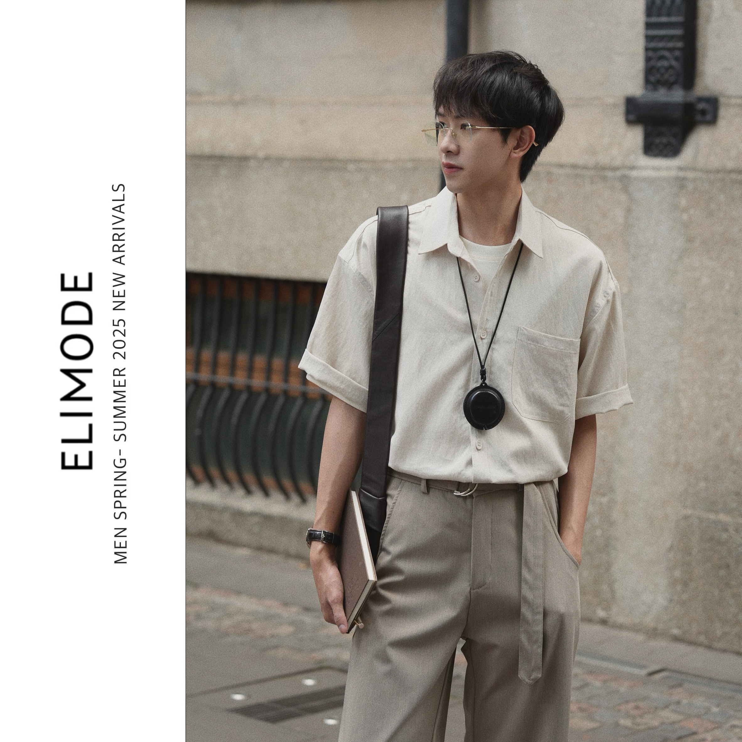 ELI [Shaxi] 輸入涼しいリヨセル夏用しわ防止ゆったり通気性カジュアル半袖白シャツメンズ