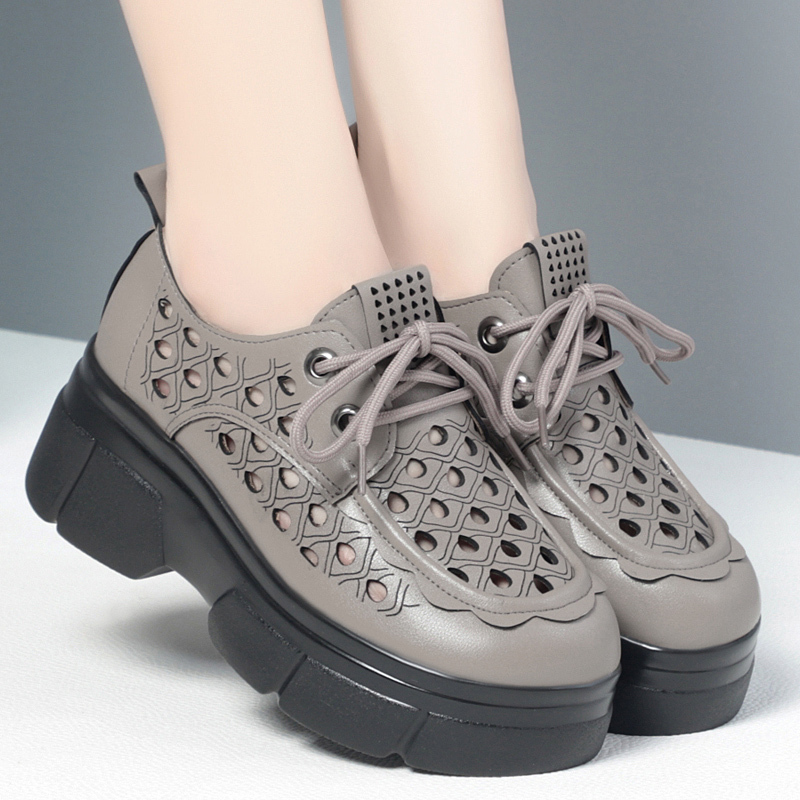 Genuine Leather Sandals for Women, Summer Hollow Thick-Soled High-Heeled Clogs, Casual Lace-Up Platform Breathable Women's Loafers