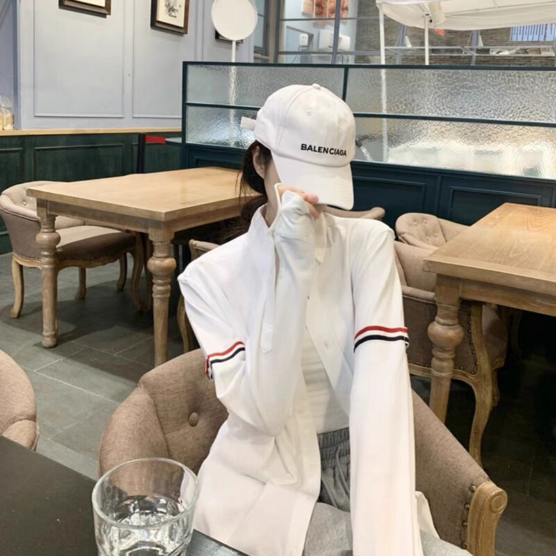 Tb Classic Polo Collar Boyfriend Style Loose Fit Shirt with Woven Armband Long Sleeves Versatile Couple Style