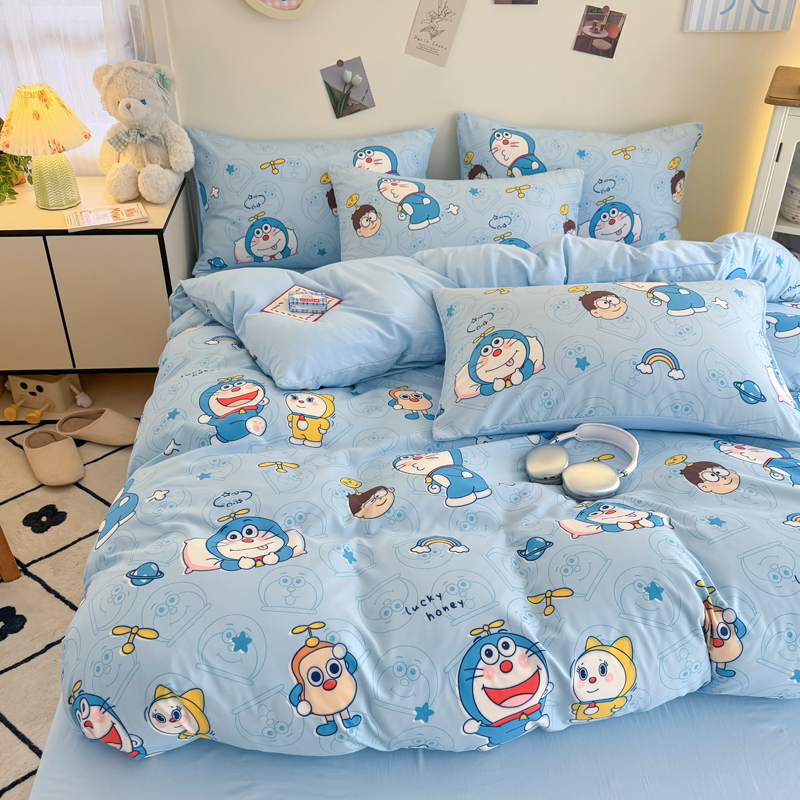 2025 New Model A-Grade Doraemon Cartoon Cotton Four-Piece Set Non-Pure Cotton Bed Sheet Duvet Cover Student Dormitory Three-Piece Set