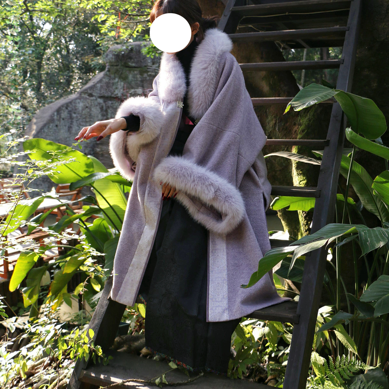 Yizhiyun Hanfu Purple Aura Autumn and Winter Hanfu Women's Outfit Set Fur Cape Wool Coat Brocade Mamian Skirt
