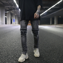 European and American high street BIKER JEANS three-dimensional cutting hole patch locomotive elastic slim small foot JEANS GD