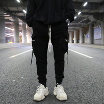 Dark RO wind Three-dimensional pocket ribbon slim crotch crotch pants INS high street cotton casual pants tide