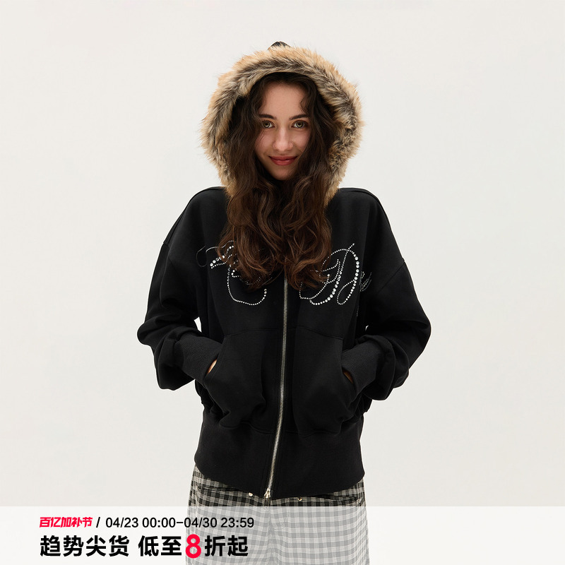 Black of Exit American-Style Letter Rhinestone Fur Collar Zipper Hoodie for Women, Slim-Fit Short Hoodie Jacket