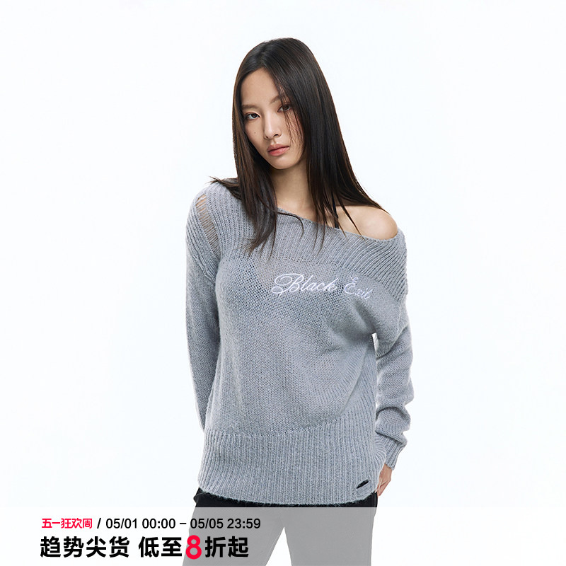 Black of Exit American High Street Style Off-Shoulder Long-Sleeve Knit Cardigan Trendy Brand Spring and Autumn New Sweater for Women