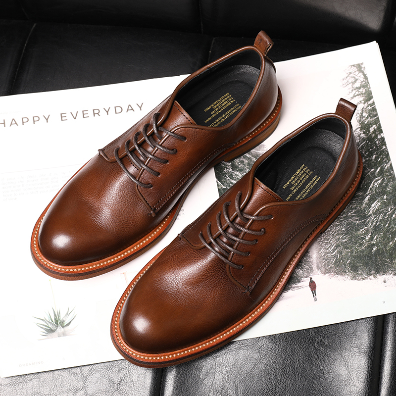 British Retro Men's Formal Leather Shoes, Genuine Leather Groom's Wedding Shoes, Handmade Suit Business Casual Leather Shoes, Derby Men's Shoes