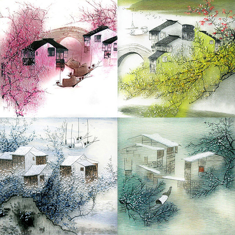    Su embroidery embroidery diy beginner kit Water village spring, summer, autumn and winter