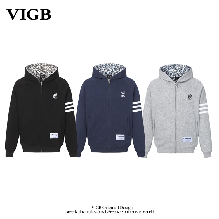 Vigb Original Chinese-Style American Three-Stripe Hooded Cardigan Sweatshirt, Basic Slim-Fit Versatile Zip-Up Couple's Jacket, Trendy