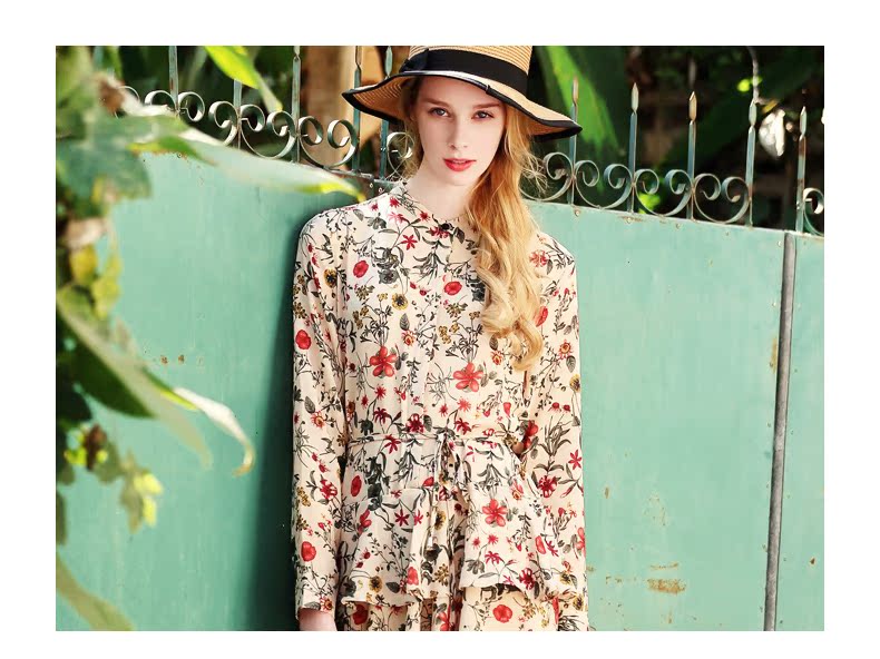 佳人苑2017春装新款碎花长袖立领连衣裙印花