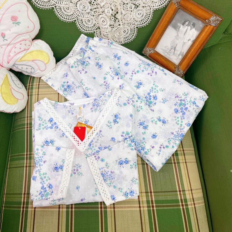 Diana Pure Cotton Floral Comfortable Breathable Long-Sleeve Long Pants Hollow-Edged Loungewear Set 29207Vy1 