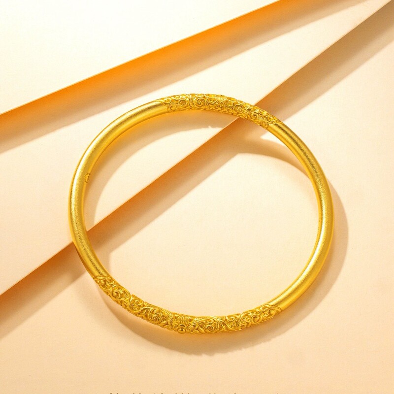 Curly Grass Pattern Bracelet, Imitation Gold Color, Traditional Plain Ring, Push-Pull Gold-Plated Bracelet, Wedding Jewelry, Engagement Three-Gold Set