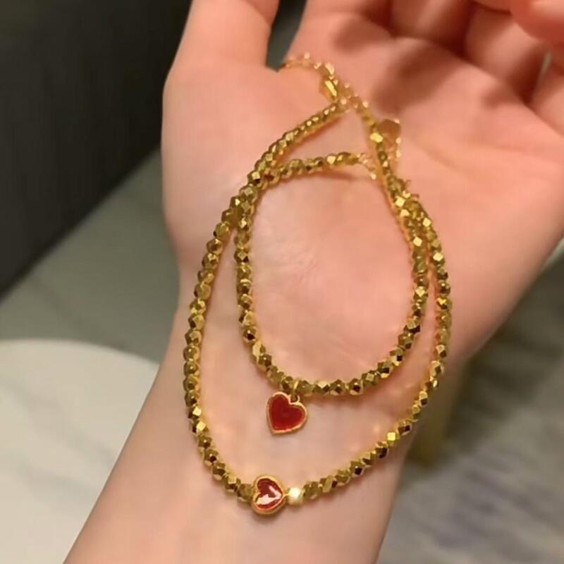 Heart-Shaped Sand Gold Bracelet with Laser-Cut Beads, Love Chain, Simulated Gold Color, Exquisite Bracelet, Small Red Heart Enamel