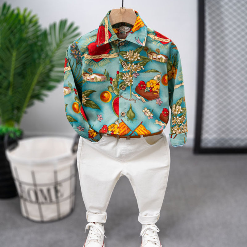 Male baby fall shirt 2022 spring autumn Korean version boy retro patterned shirt boy handsome flowers blouses
