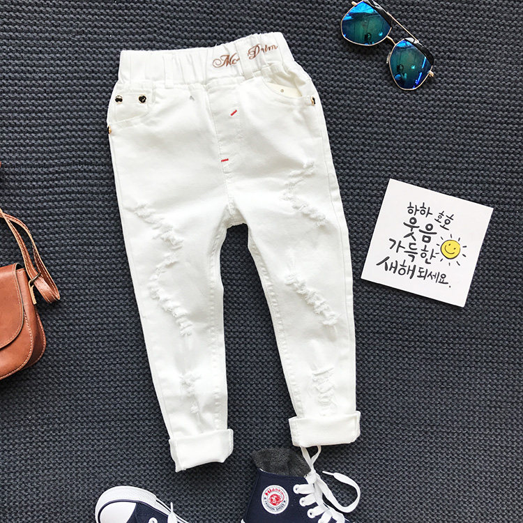 Children's spring and autumn new pants boys all-match thin section pure white cotton jeans girls slim fit cigarette pants trend