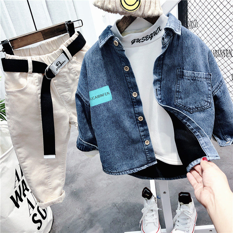 Korean Version Boy Slim Fit Jeans 2021 Spring Clothing New Products Children Personality Shirts Boy Foreign Denim Clothing Tide