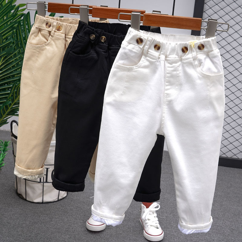 Boys' cotton jeans 2022 autumn and winter plus velvet boys black and white loose pants boys and girls lob pants old pants