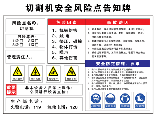 Cutting machine safety risk point notification card Beware of electric shock hazard warning occupational hazard notification card