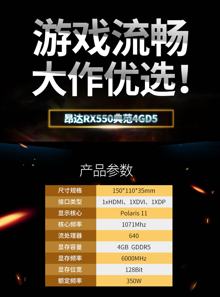 Видеокарта 昂达rx550典范4gd5-b/w游戏显卡台式机电脑家用办公显卡秒750ti Onda