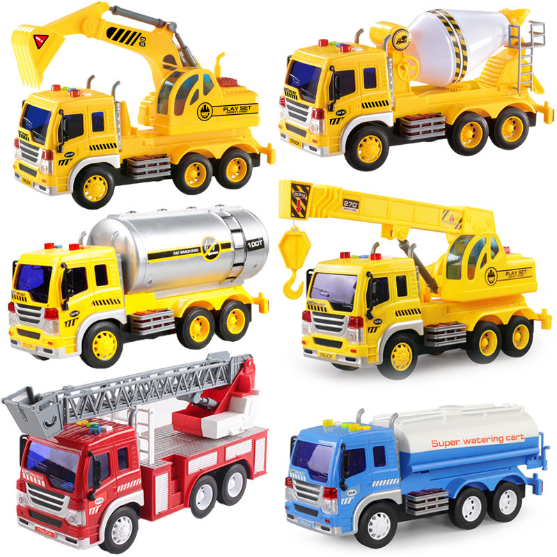 Large fire rescue sprinkler engineering cement mixing crane oil tank digging excavator children's toy boy