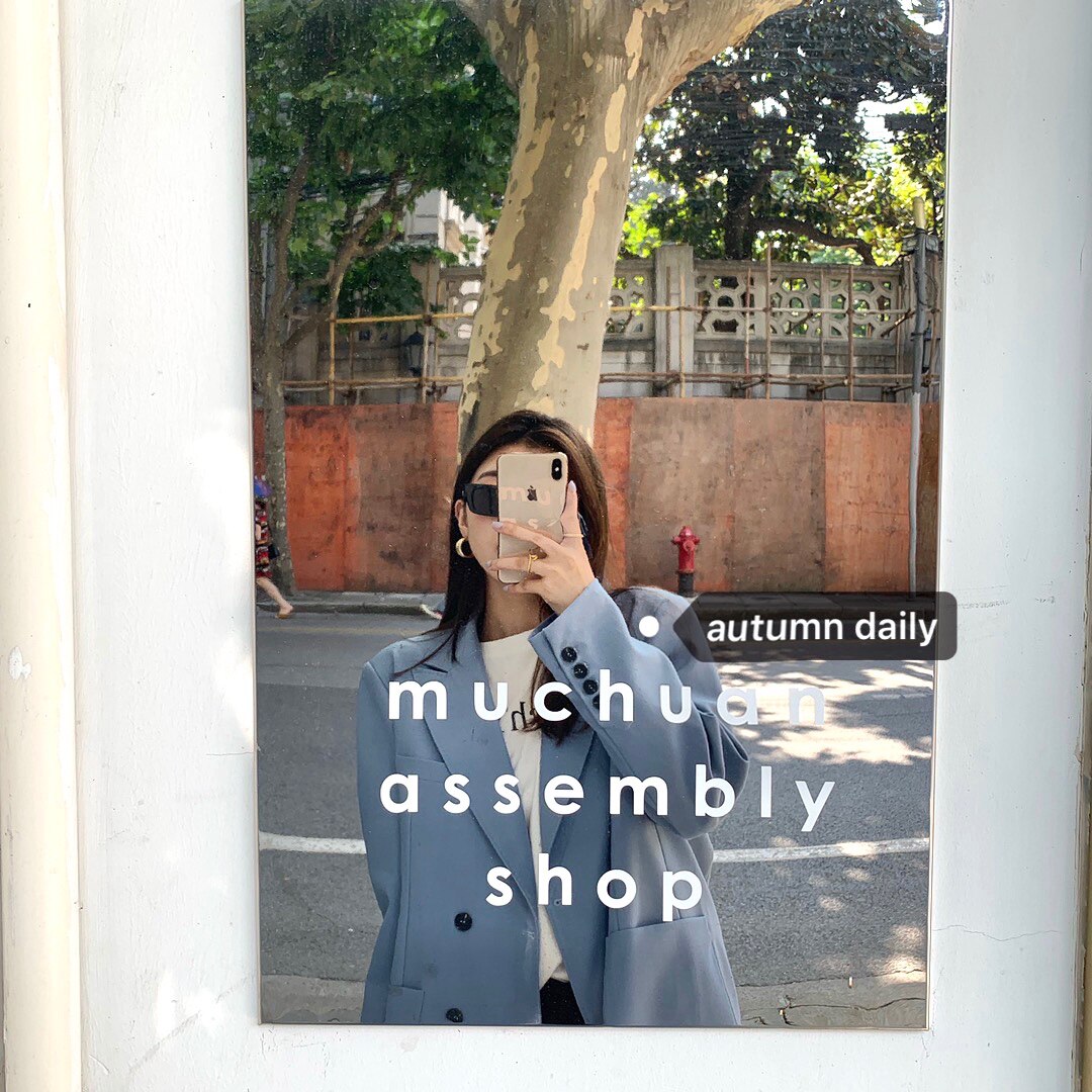 autumn Jun autum blue double-breasted blazer women's spring Korean loose casual temperament stitching suit