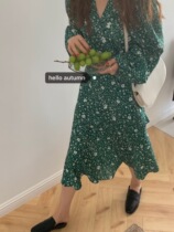 Autumn jun autumn green long sleeve floral dress women's spring and autumn long v-neck retro lantern sleeve skirt
