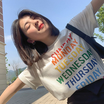 autumn Jun autum color week letter print white short sleeve T-shirt female summer curl loose Joker