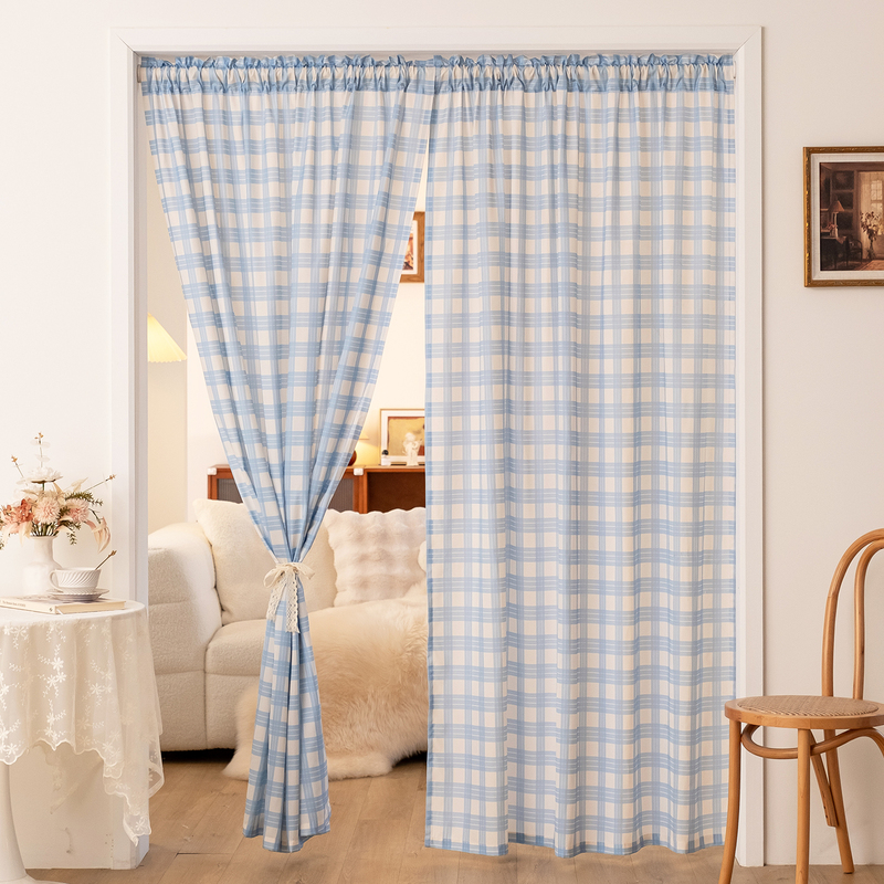 French-Style Cream Blue Checkered Door Curtain Cabinet Divider No-Drill Kitchen Partition Curtain Bedroom Korean Style ins French-Style Cream Blue Checkered Door Curtain Cabinet Divider No-Drill Kitchen Partition Curtain Bedroom Korean Style ins