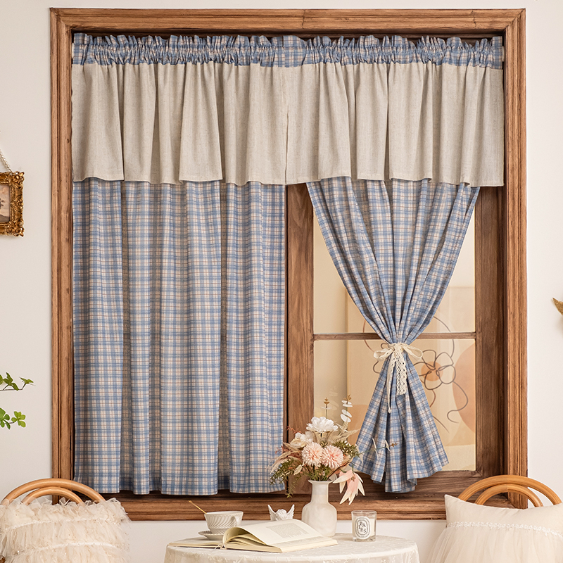 French Retro Sky Blue Plaid American Country Style Cotton and Linen Curtain Head Curtain Kitchen Door Curtain No Drilling Rod Installation